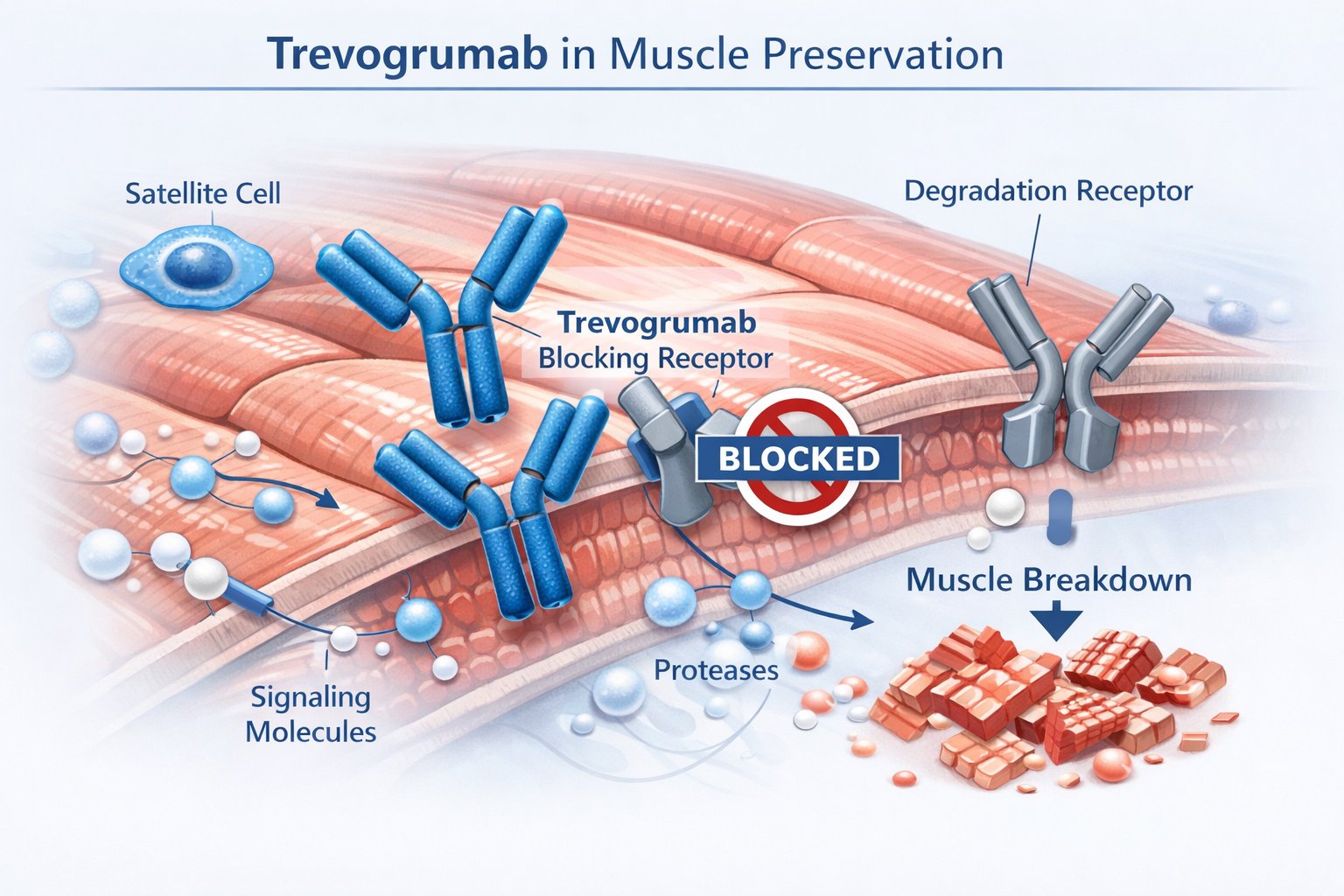 Close-up illustration of muscle fibers showing antibodies binding to receptors to prevent muscle breakdown.