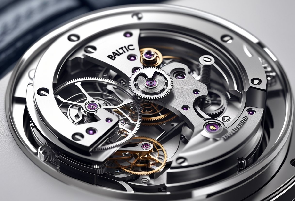Close-up view of the internal components of a Baltic MR01 watch movement showing gears and a small rotor inside the mechanism.