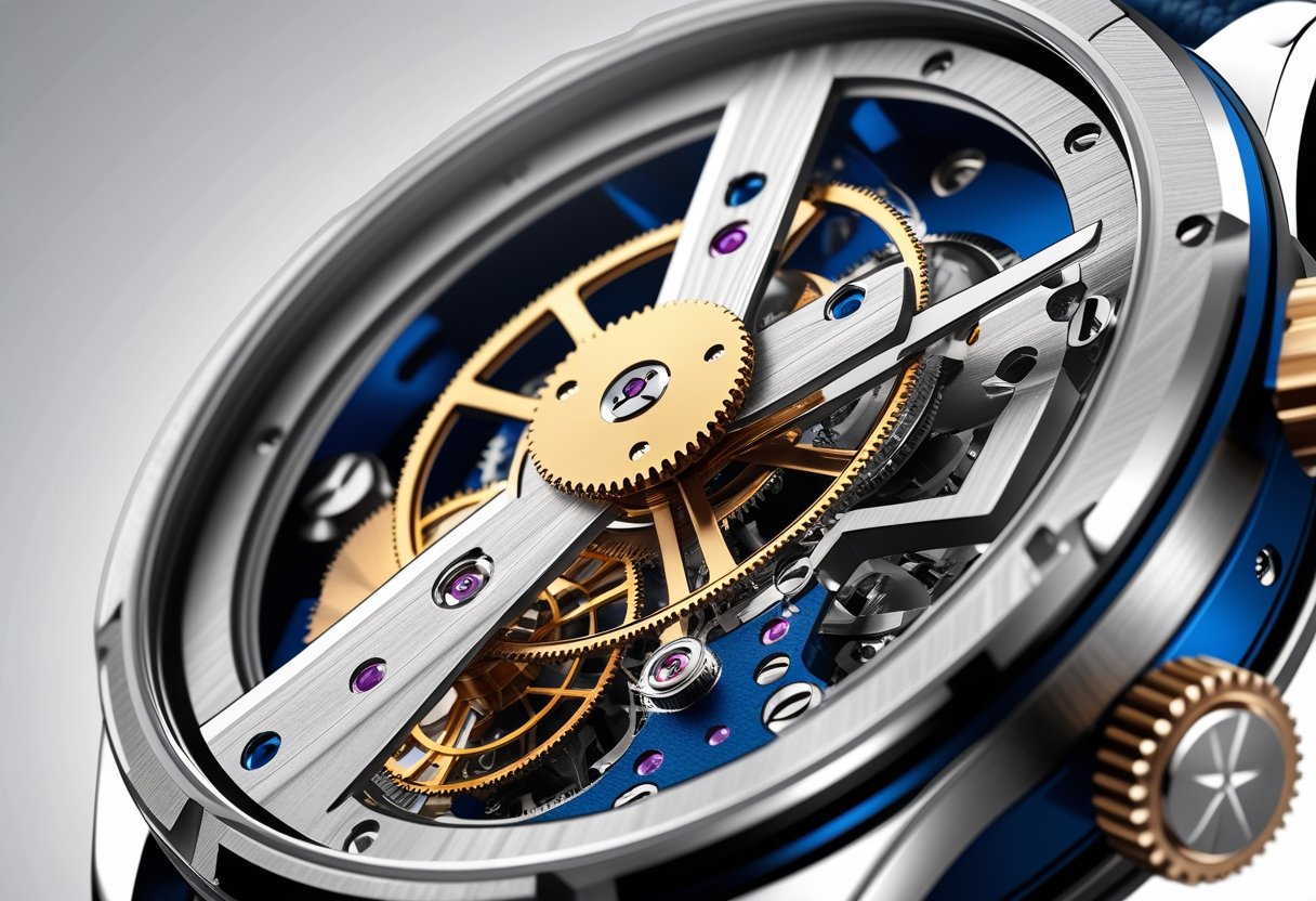 Close-up illustration of the internal components of a micro-rotor watch movement, showing gears and rotor mechanism in detail.