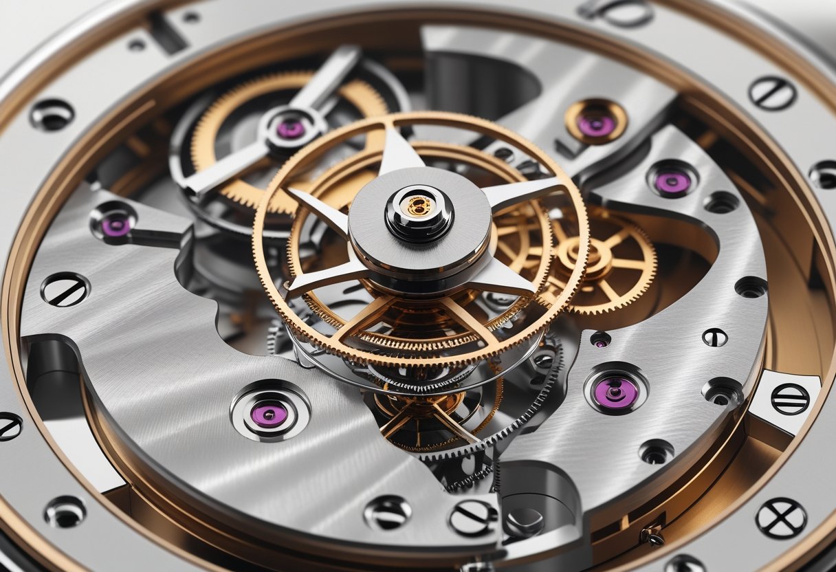 Detailed illustration of a watch movement showing gears and a central micro-rotor mechanism.
