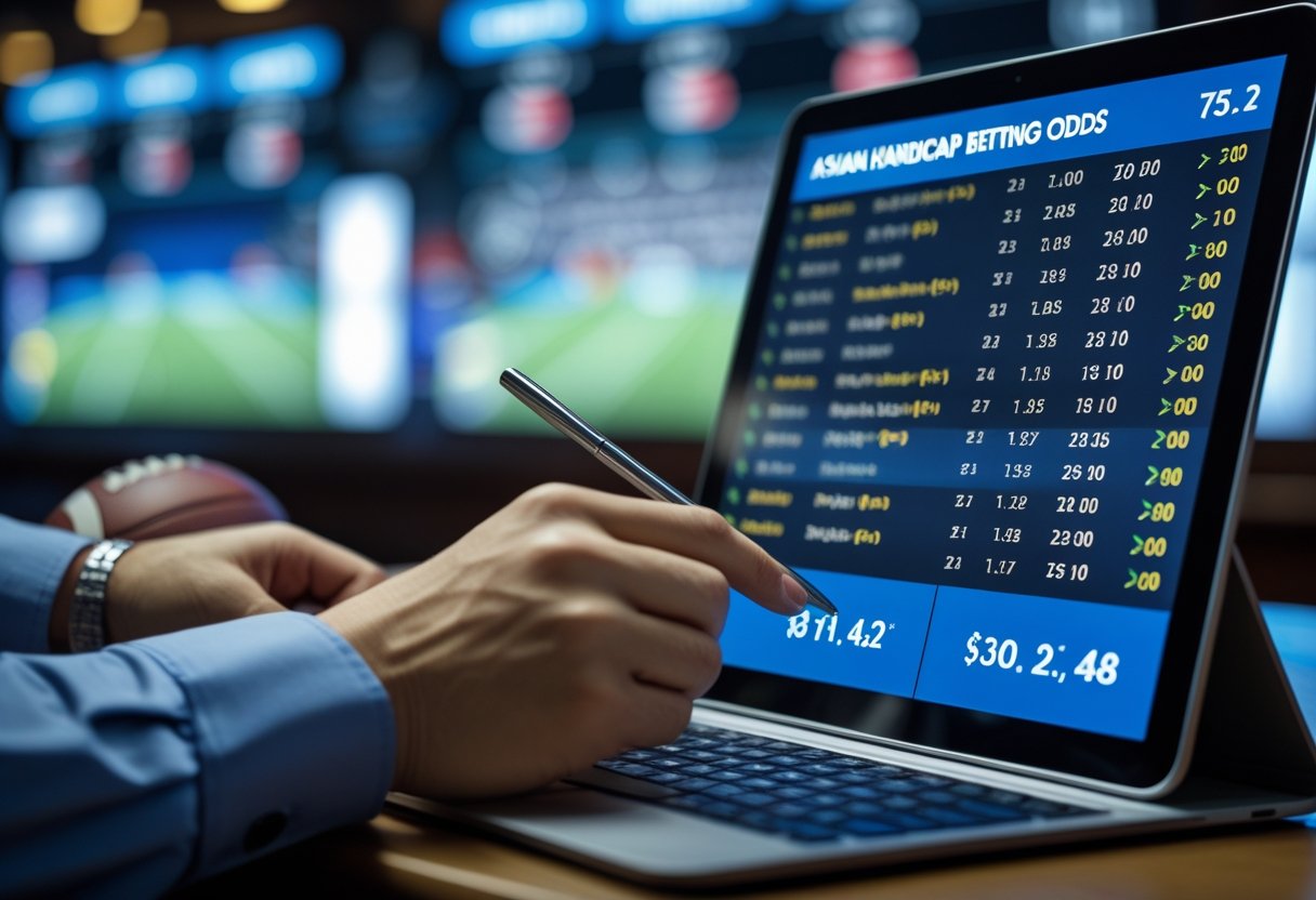 Seseorang sedang menganalisis data taruhan Asian Handicap pada layar digital di lingkungan taruhan olahraga.