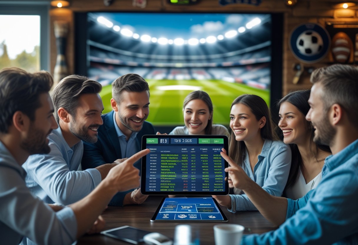Sekelompok orang sedang melihat dan berdiskusi tentang taruhan bola menggunakan perangkat digital di sebuah ruangan yang nyaman dengan layar pertandingan sepak bola di latar belakang.