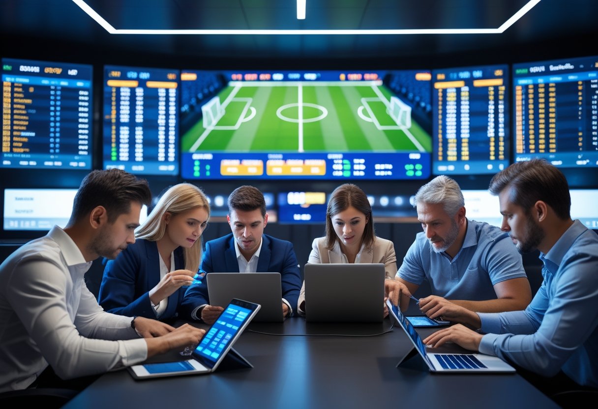 Beberapa orang sedang melihat layar digital dan menggunakan perangkat elektronik untuk memasang taruhan bola dalam ruangan modern.