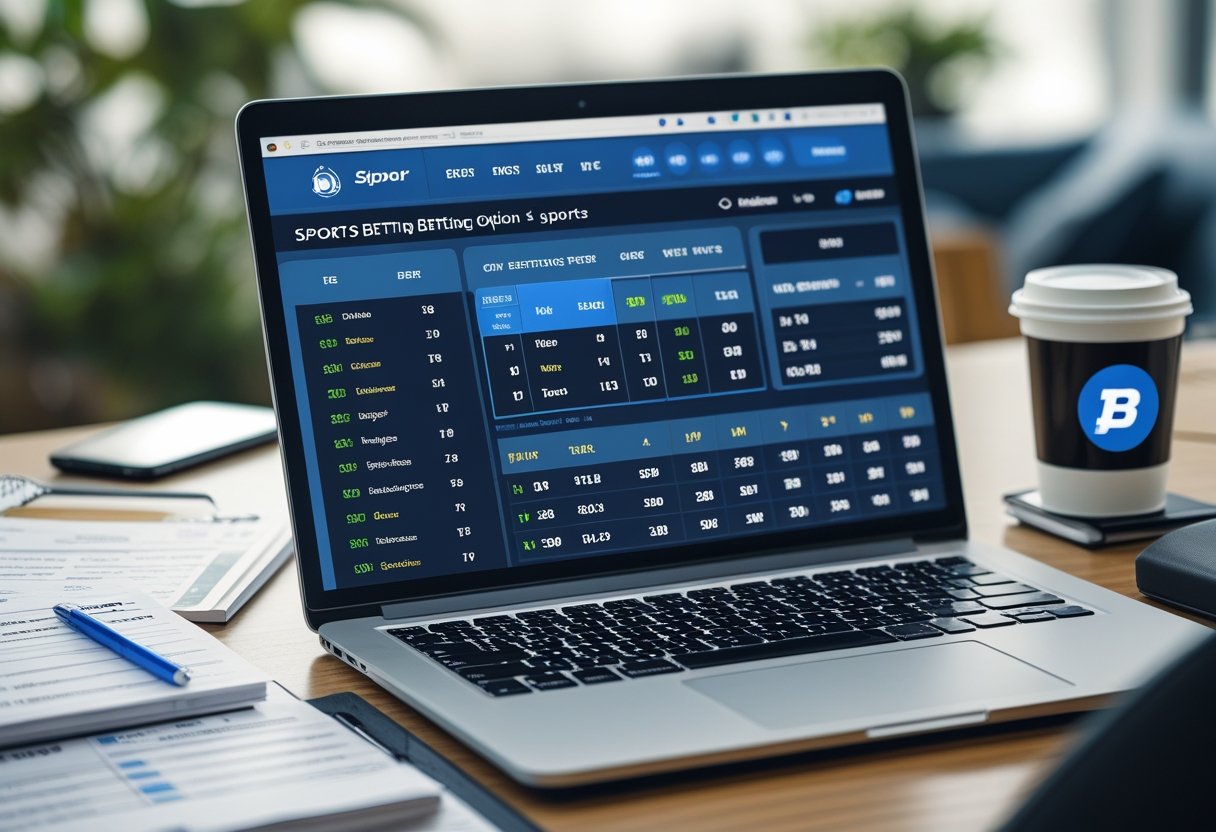 Seorang pria sedang bekerja di depan laptop dengan tampilan odds taruhan olahraga over/under, dikelilingi catatan dan ponsel di meja kerja.