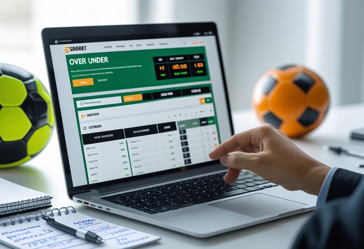 Seseorang menggunakan laptop dengan tampilan situs taruhan olahraga menampilkan pilihan over under, di meja terdapat bola sepak dan alat tulis.