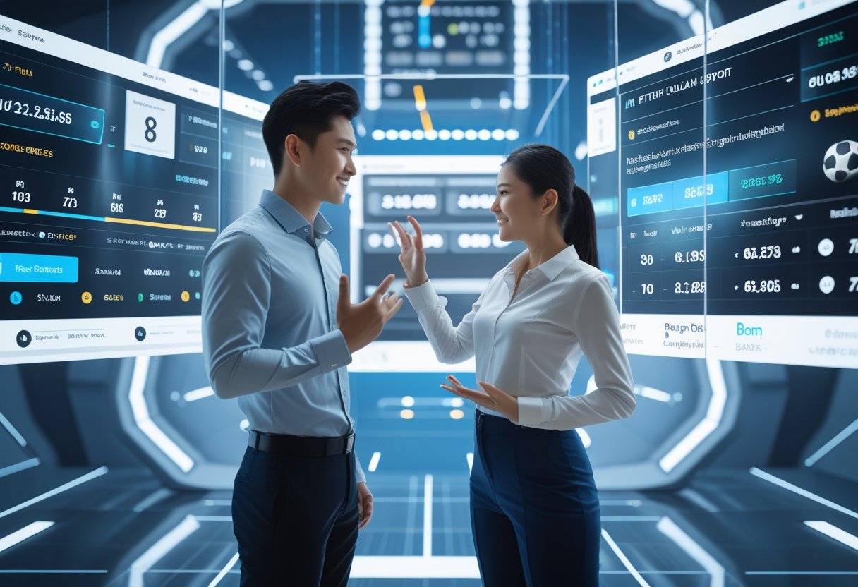 Dua orang menggunakan layar digital interaktif dengan tampilan statistik dan pembaruan pertandingan olahraga di latar belakang.