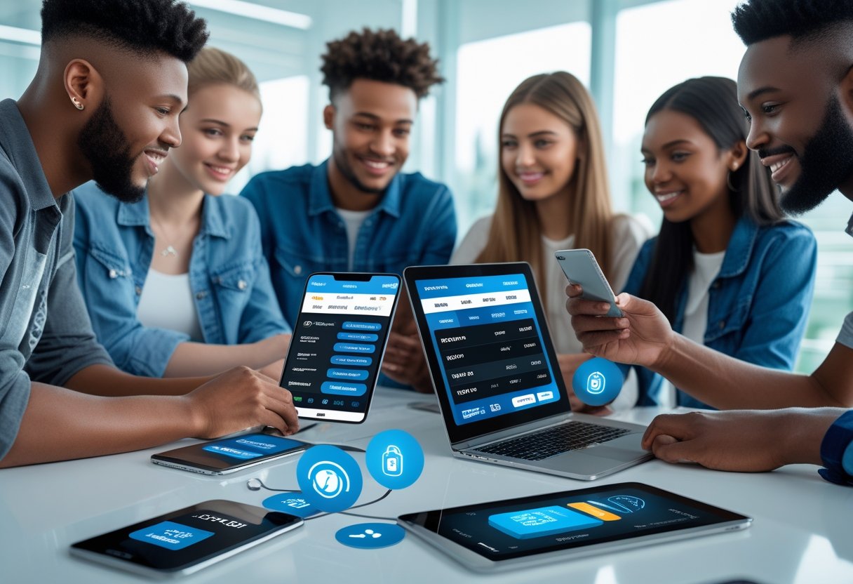 Sekelompok orang muda menggunakan perangkat digital untuk mengakses dan melakukan pembayaran pada platform taruhan olahraga.