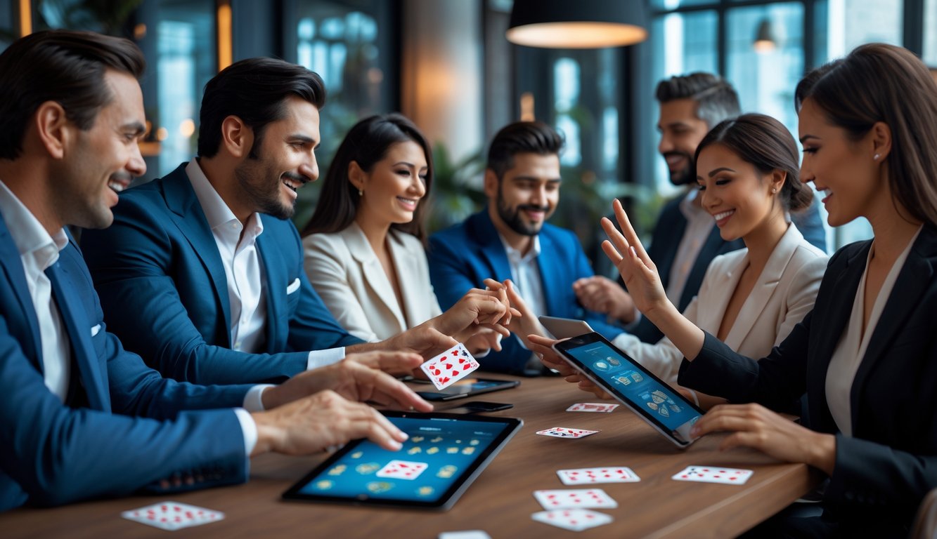 Sekelompok orang dewasa sedang bermain permainan Capsa online menggunakan perangkat digital di ruangan yang nyaman dan modern.