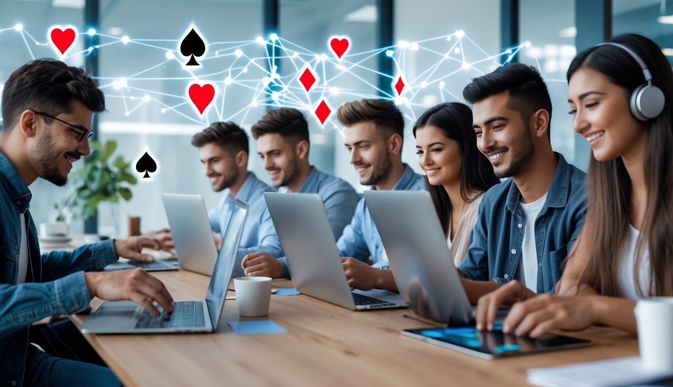 Sekelompok orang muda bermain permainan kartu online di laptop dan tablet dalam ruangan kantor yang terang dan modern.