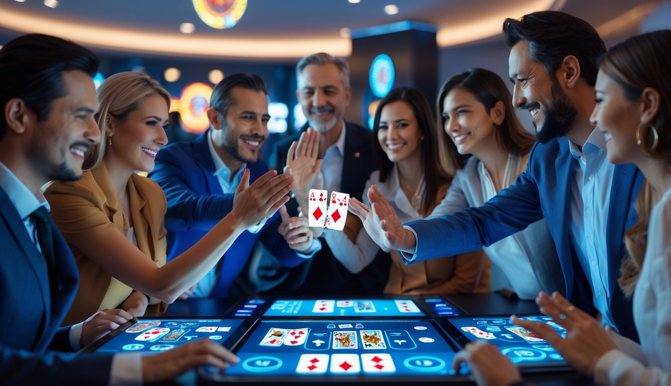 Sekelompok orang sedang bermain permainan kartu Capsa secara online dengan perangkat digital di sebuah ruangan modern dan terang, tampak senang merayakan kemenangan besar.