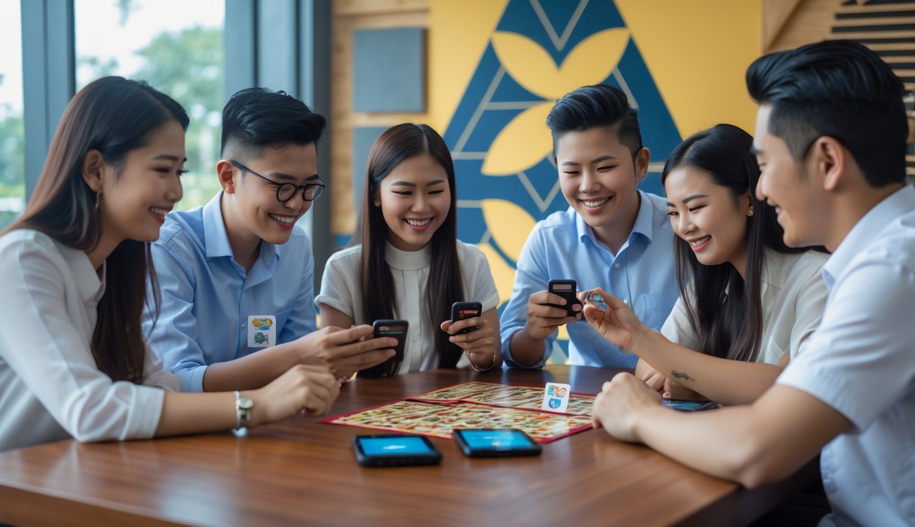 Sekelompok orang muda bermain kartu Capsa di meja kayu dengan perangkat pembayaran digital di sebuah kantor modern di Indonesia.