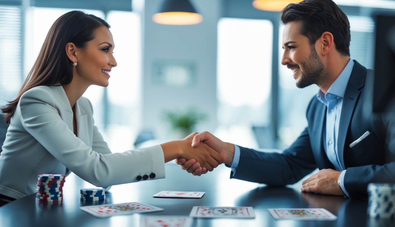 Dua orang profesional berjabat tangan di kantor modern dengan kartu remi dan chip poker di latar belakang.