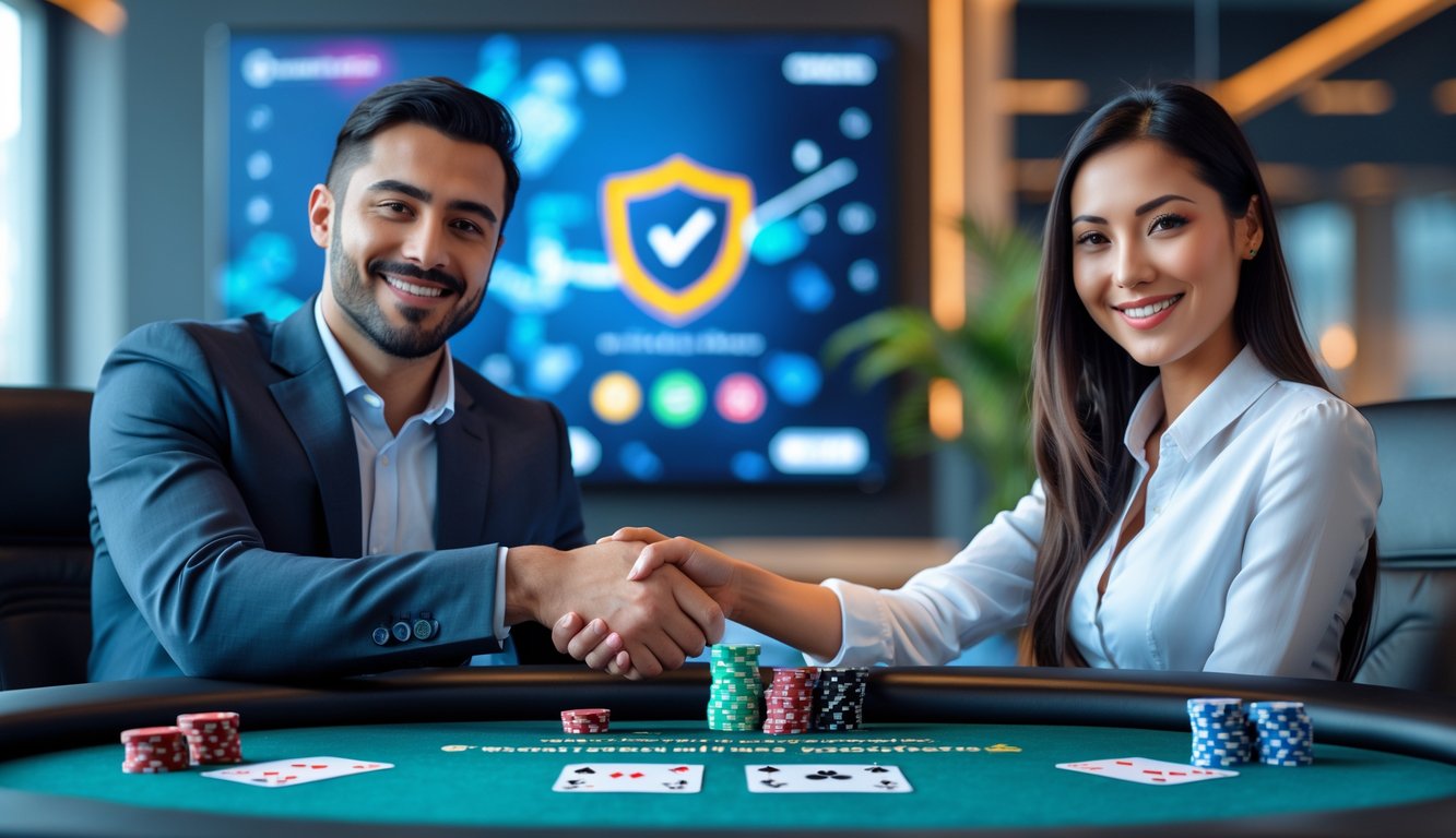 Dua agen berjabat tangan di depan meja judi dengan kartu dan chip, di dalam ruangan kantor modern.