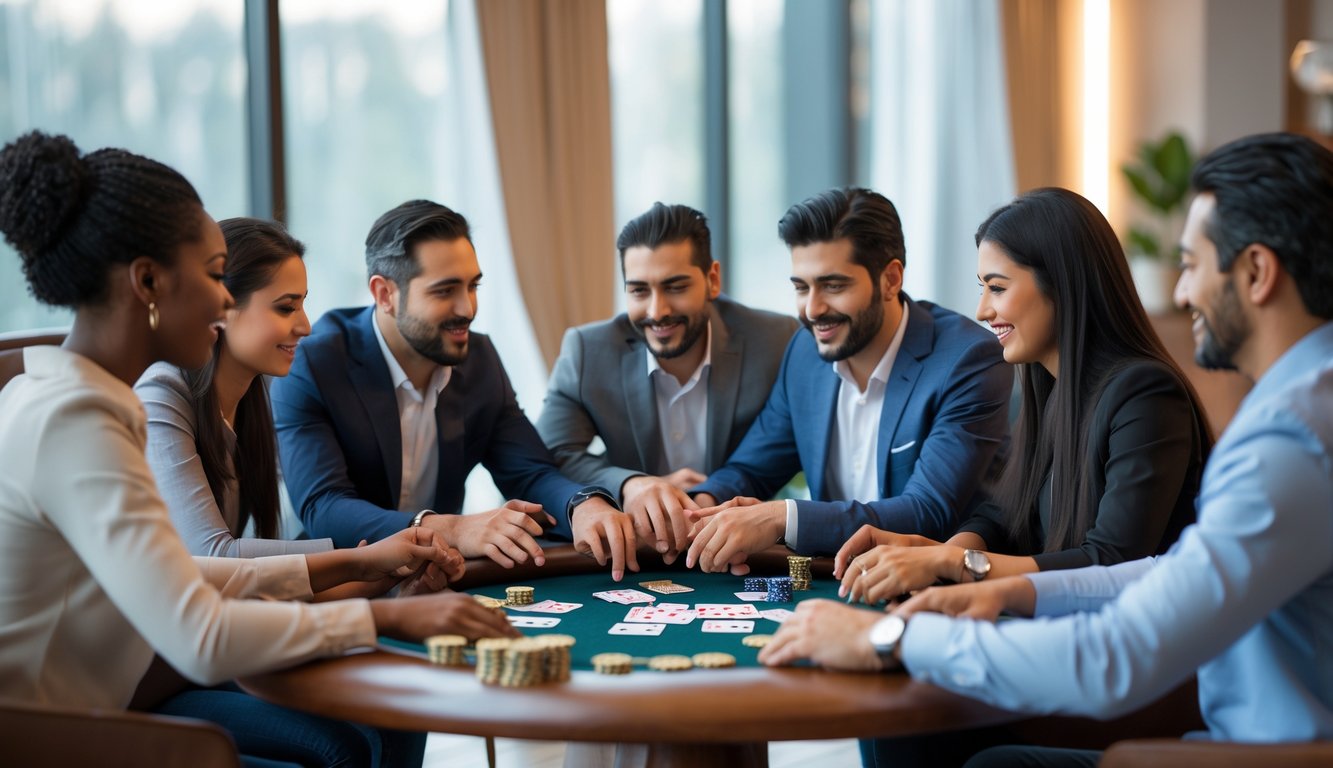 Sekelompok orang sedang bermain kartu Capsa di meja dengan suasana ruangan yang terang dan nyaman.
