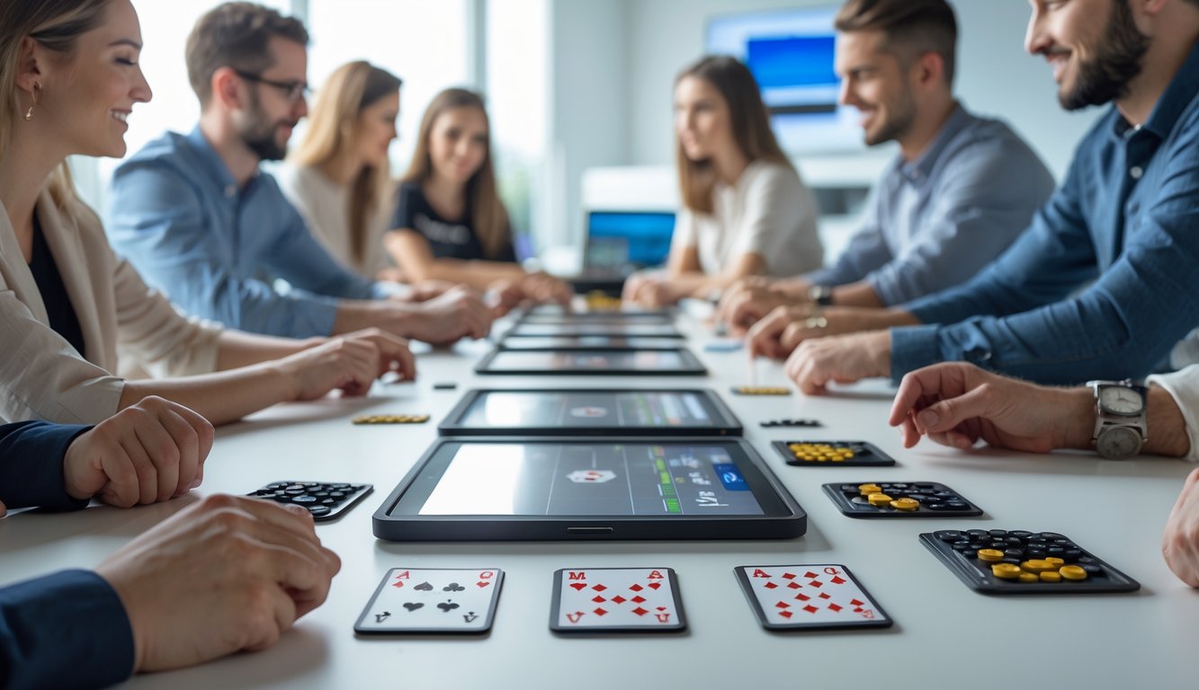Sekelompok orang bermain Capsa di meja dengan tablet dan kartu, suasana fokus dan profesional.