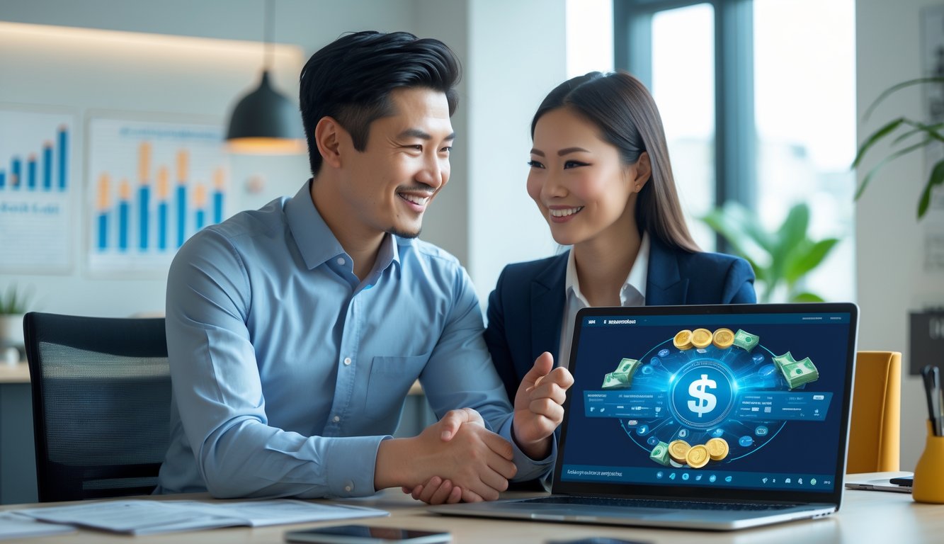 Dua orang sedang berdiskusi di kantor modern dengan laptop, menunjukkan suasana profesional dan ramah.