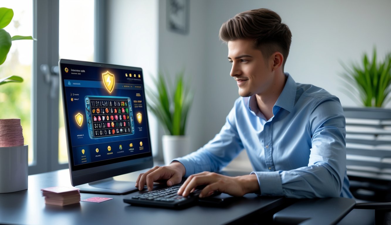 Seorang pria muda duduk di depan laptop di ruang kerja rumah yang terang, fokus pada permainan kartu online di layar.