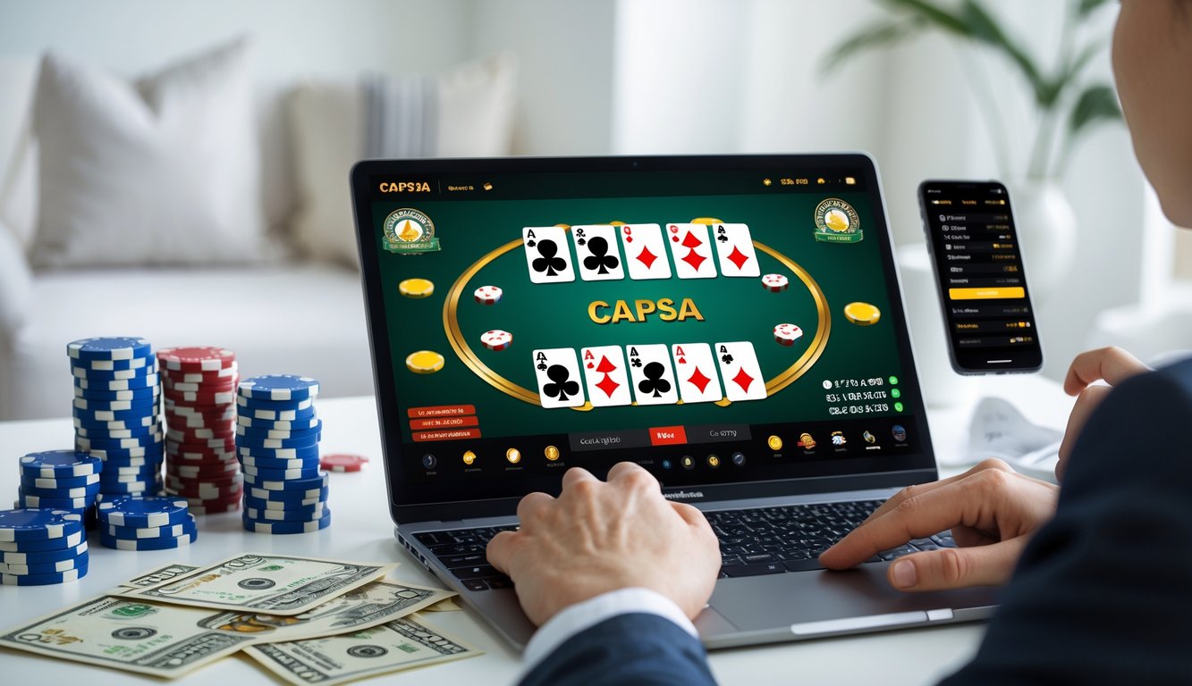 Seseorang menggunakan laptop dengan permainan kartu Capsa digital di layar, dikelilingi chip poker dan uang, menunjukkan suasana taruhan Capsa online yang menguntungkan.