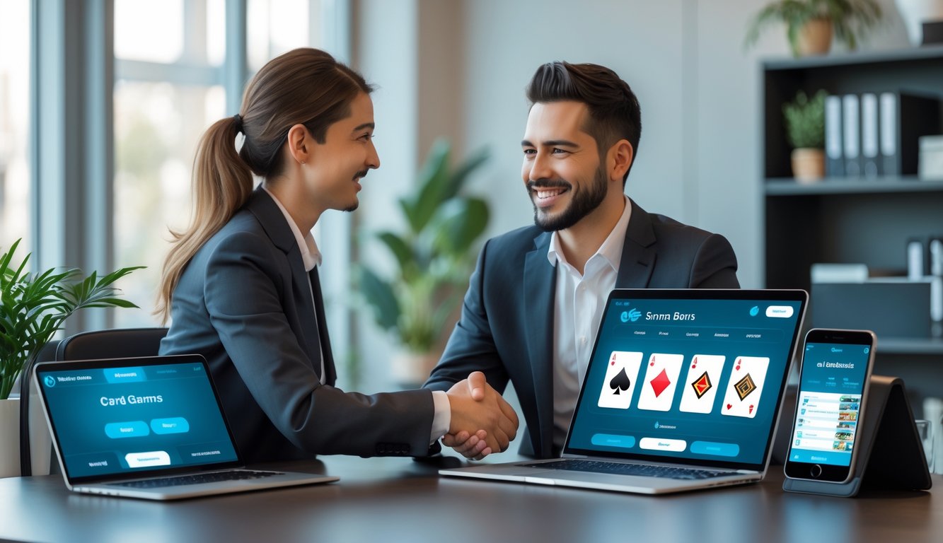 Seorang agen profesional berjabat tangan dengan klien di kantor modern yang terang dan nyaman.