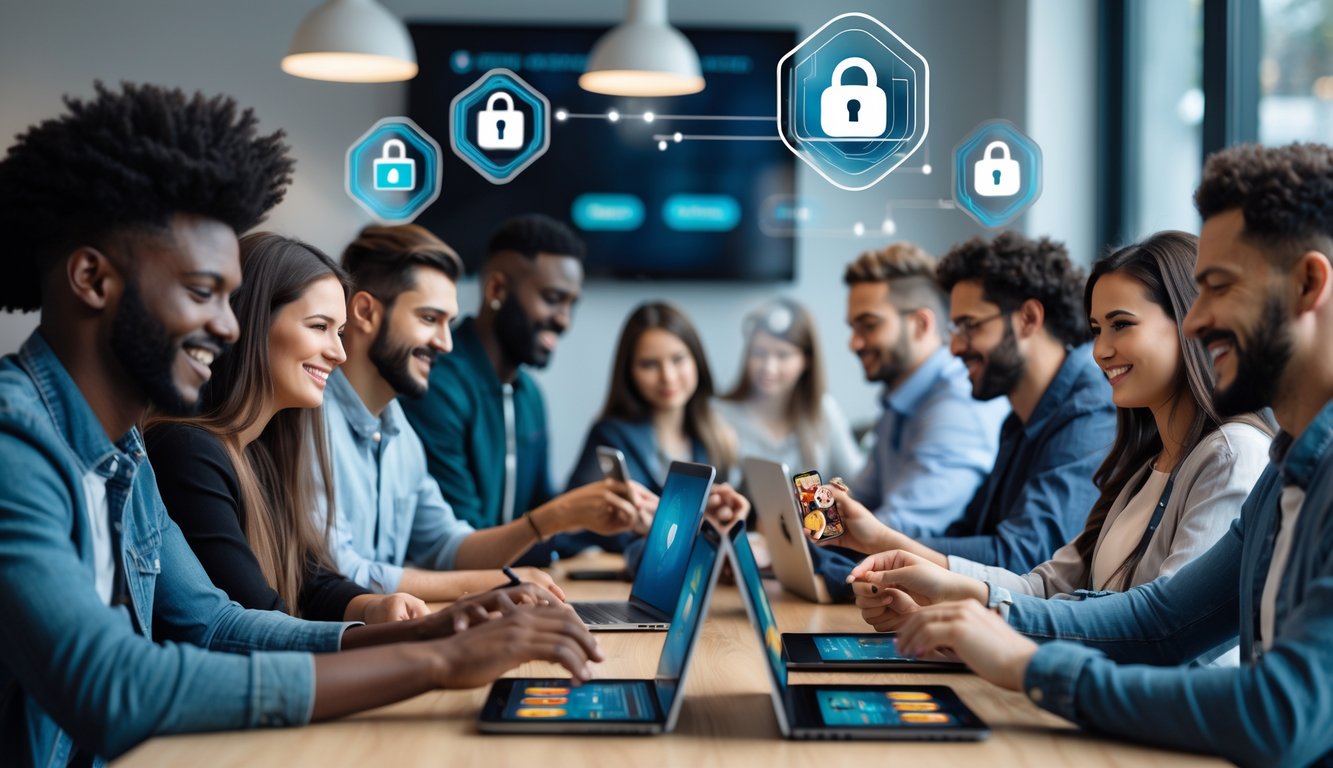 Sekelompok orang sedang bermain kartu secara online menggunakan perangkat digital di ruang kerja yang modern dan terang.