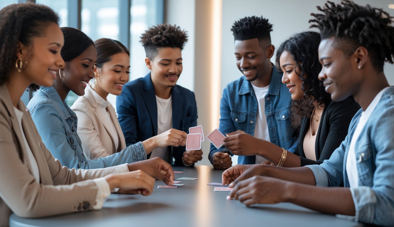 Sekelompok orang muda bermain kartu bersama di meja modern dalam ruangan yang terang dan nyaman.