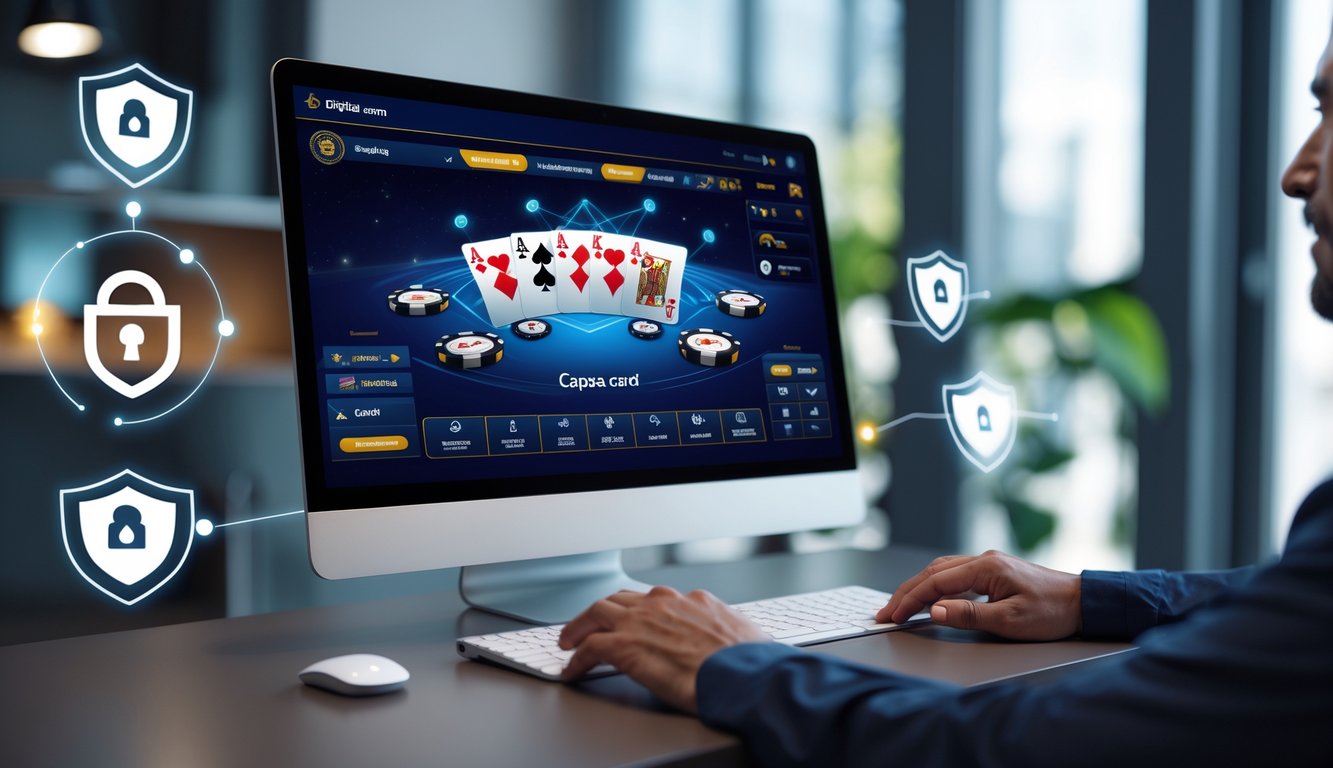 Seorang pemain dewasa menggunakan komputer yang menampilkan permainan kartu Capsa dengan ikon keamanan di layar.