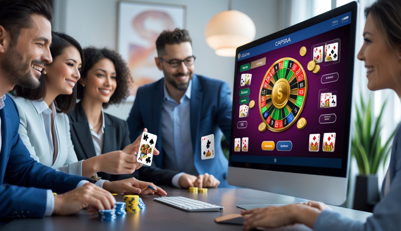 Orang-orang bermain permainan kartu Capsa secara online di depan komputer dalam ruangan modern dan nyaman.