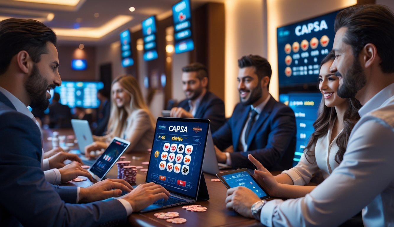 Beberapa orang bermain Capsa online dengan perangkat digital di ruangan yang modern dan terang.