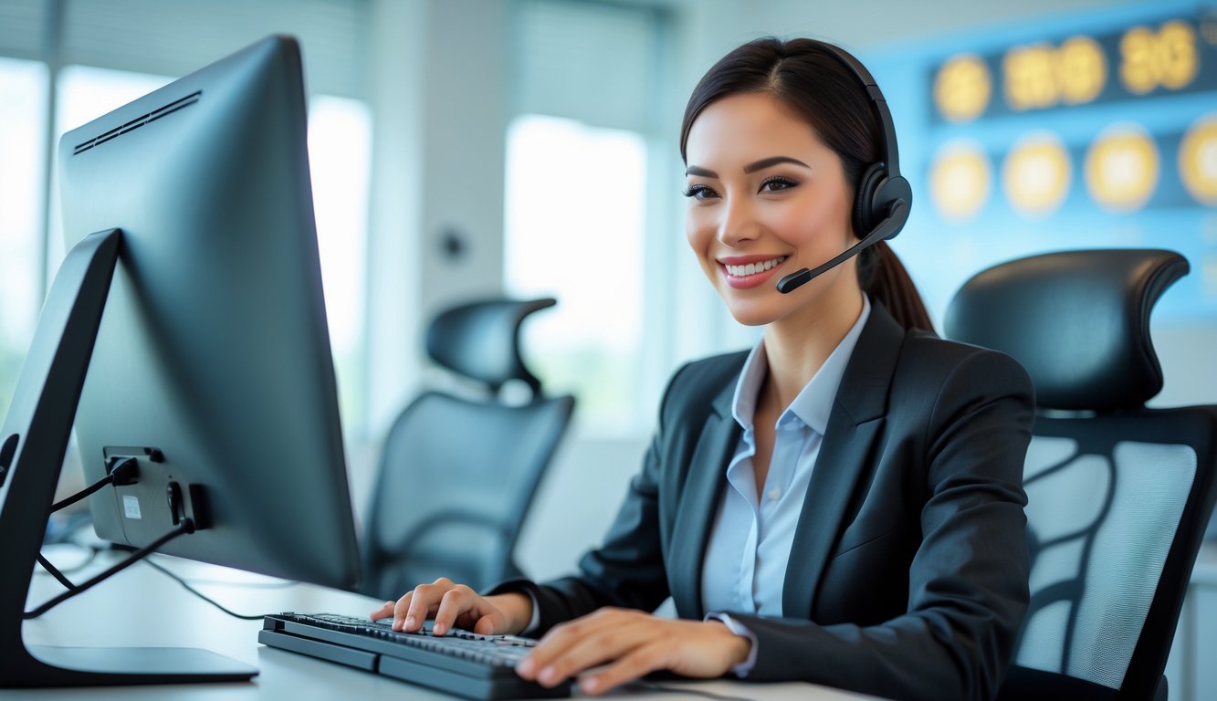 Seorang agen layanan pelanggan tersenyum ramah di kantor modern sambil menggunakan headset dan komputer.