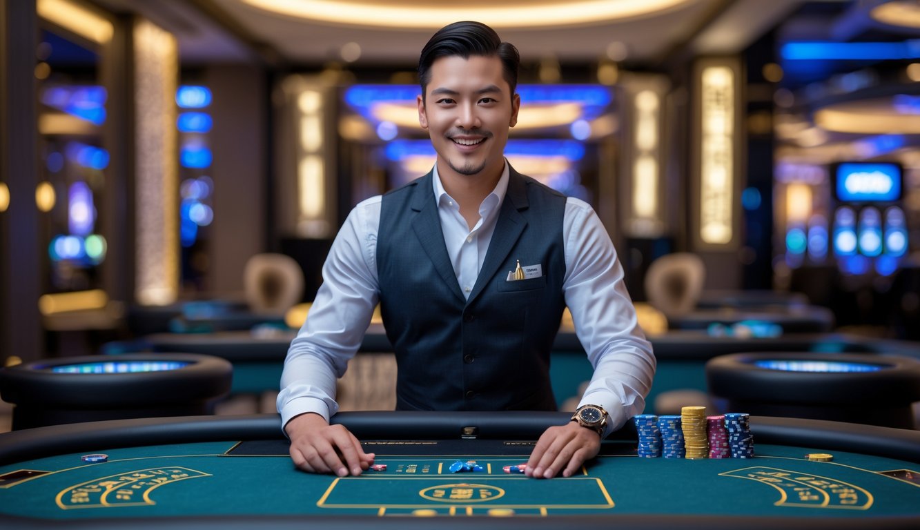 Seorang dealer pria percaya diri berdiri di belakang meja permainan di ruangan kasino yang modern dan mewah.