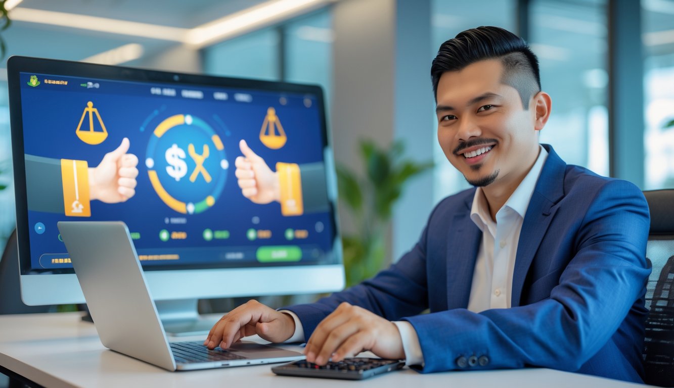 Seorang pria Indonesia tersenyum duduk di meja dengan laptop dan ponsel, menunjukkan suasana kantor modern yang profesional.