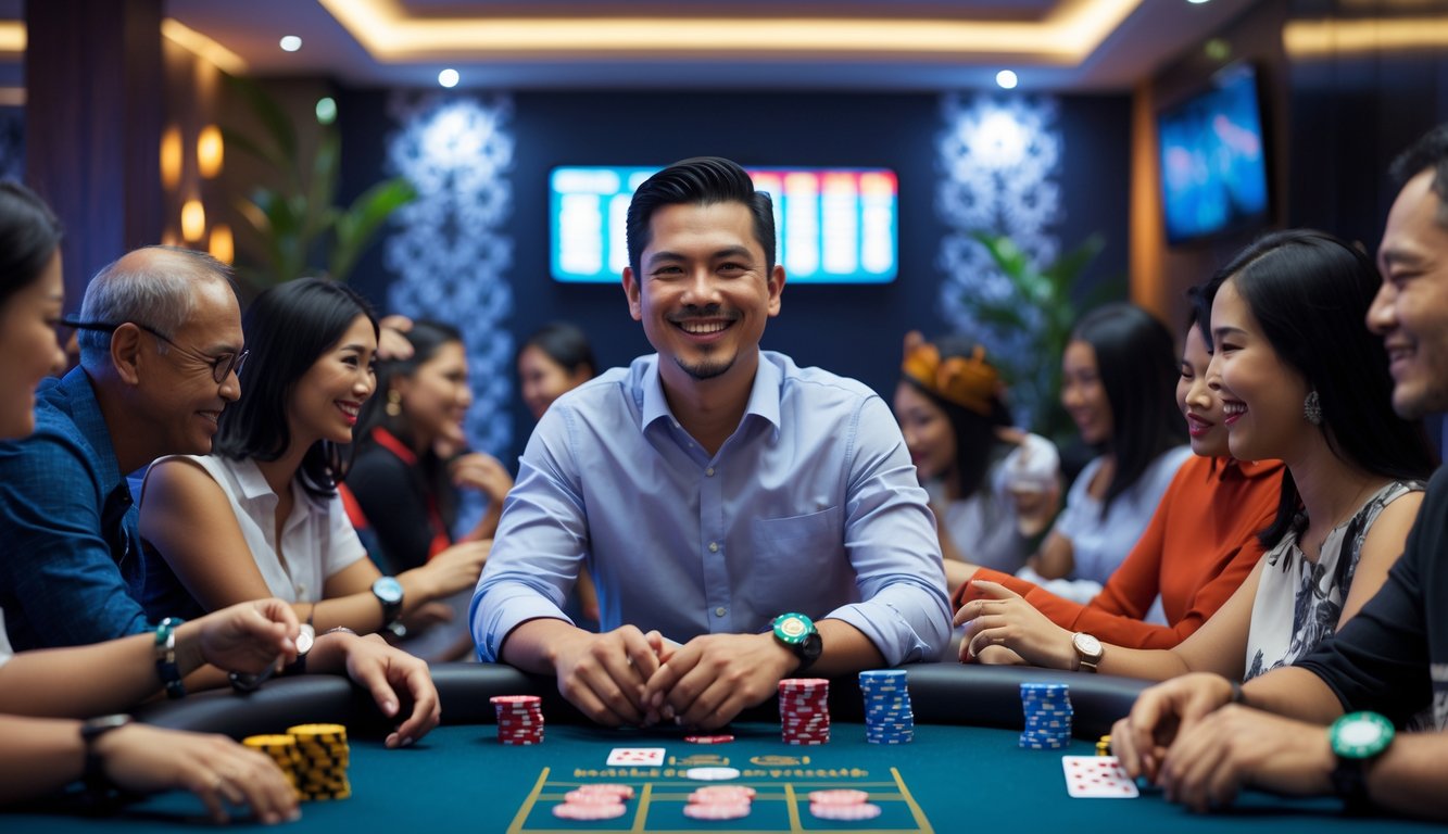 Seorang pria Indonesia tersenyum duduk di meja permainan dengan chip dan kartu, dikelilingi oleh orang-orang yang menikmati permainan di ruang permainan modern.