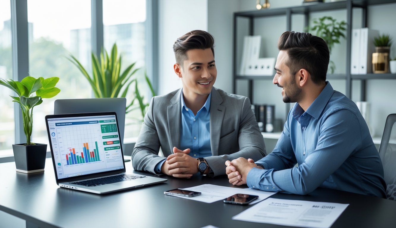 Dua orang sedang berdiskusi di meja kantor modern tentang memilih agen Ceme terbaik, dengan laptop dan dokumen di depan mereka.