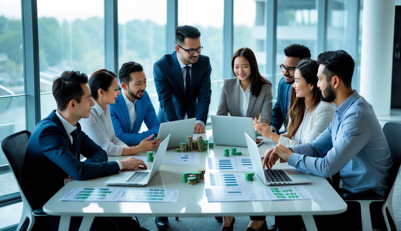 Sekelompok orang sedang berdiskusi serius di ruang kantor modern dengan peralatan kerja di atas meja.