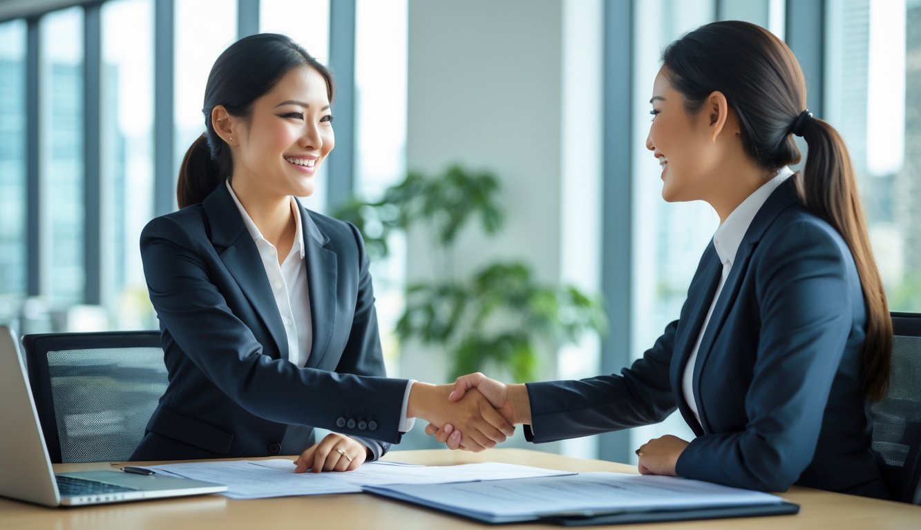 Seorang wanita bisnis tersenyum berjabat tangan dengan klien di kantor modern yang terang dan rapi.