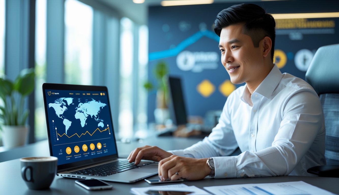 Seorang pria Asia Tenggara duduk di meja kantor modern dengan laptop, menampilkan suasana transaksi cepat dan aman.