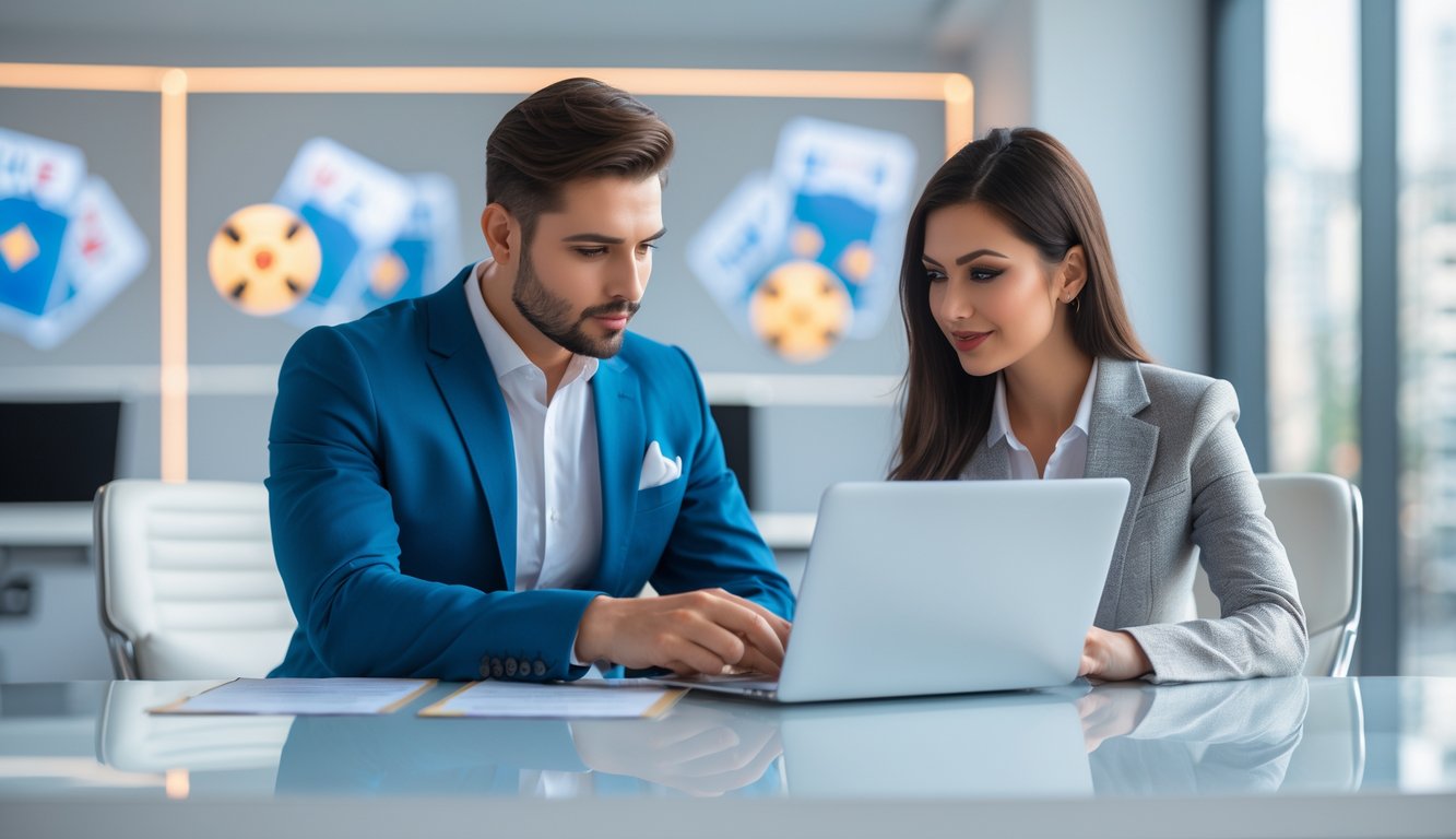 Dua orang profesional sedang berdiskusi di meja kantor modern dengan laptop dan dokumen.