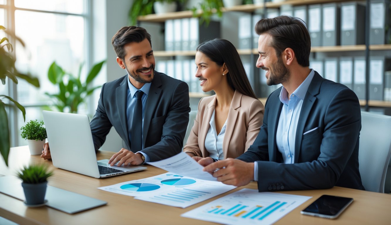 Dua orang profesional sedang berdiskusi di meja kantor dengan laptop dan dokumen.