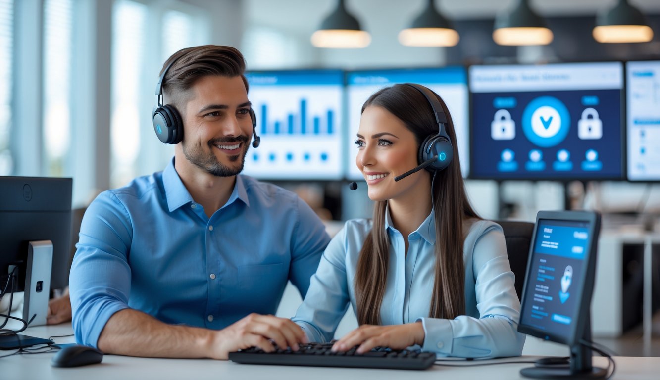 Dua perwakilan layanan pelanggan sedang bekerja di kantor modern dengan layar komputer yang menampilkan grafik dan ikon keamanan.