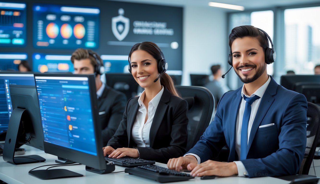 Dua agen layanan pelanggan tersenyum di kantor modern dengan komputer dan headset, menunjukkan suasana kerja yang profesional dan terpercaya.