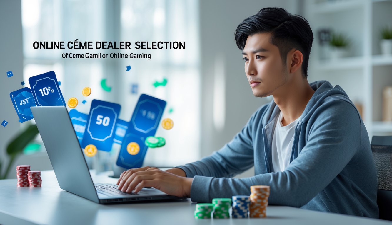 Seorang pria muda sedang duduk di meja dengan laptop terbuka, fokus bermain permainan kartu online di ruang kerja modern.