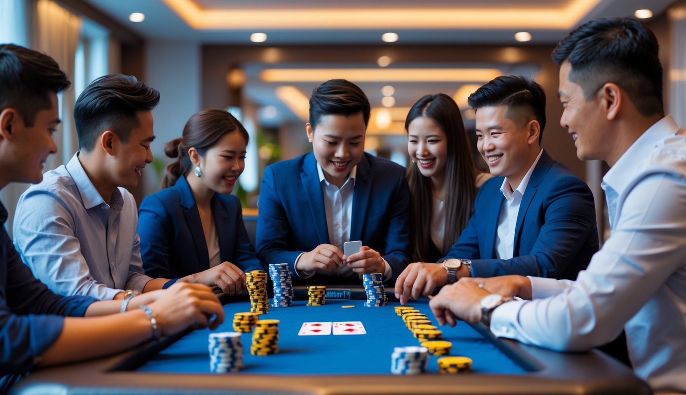 Beberapa orang bermain kartu di meja taruhan dengan berbagai chip taruhan di sebuah ruangan yang terang dan nyaman.