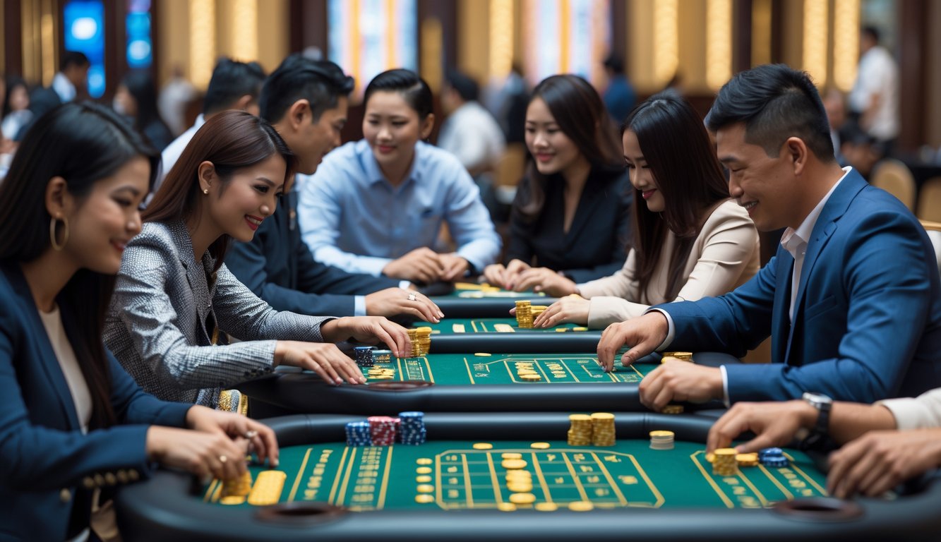 Beberapa orang sedang bermain di meja taruhan yang berbeda di dalam ruangan dengan suasana profesional dan cerah.