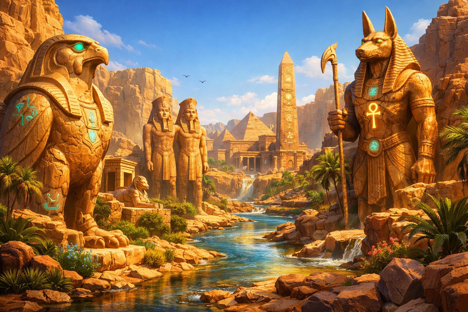 A Sunlit Valley With Large Ancient Egyptian Statues, Sandstone Monuments, Greenery, And A River Flowing Through The Landscape.