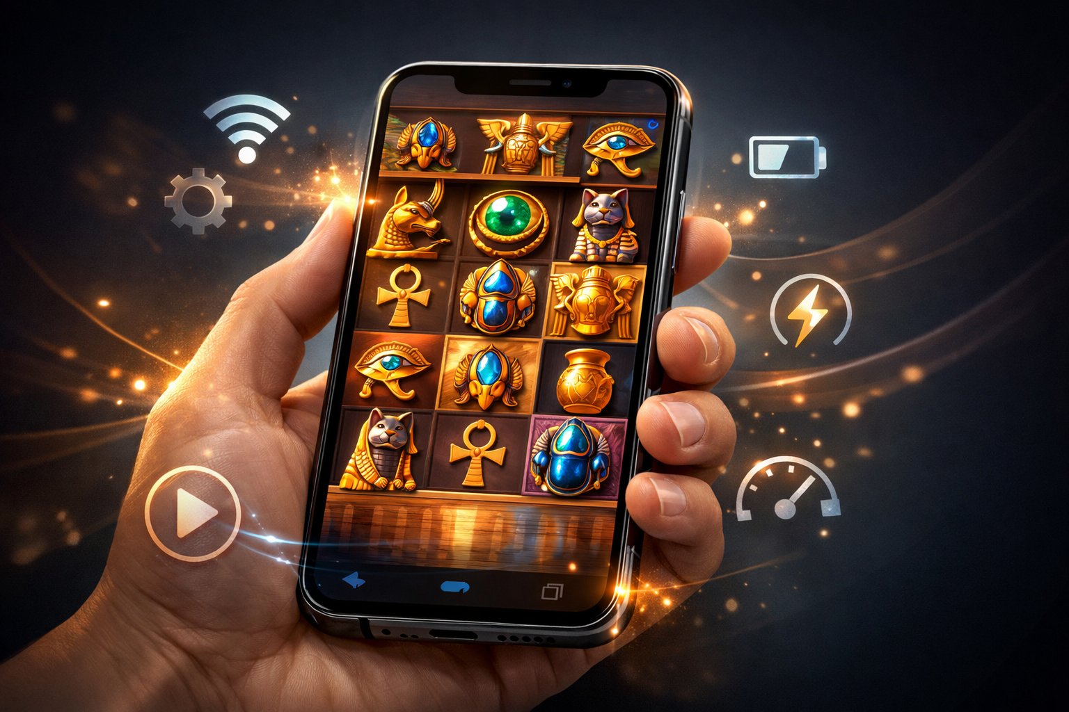A Hand Holding A Smartphone Showing Colorful Ancient EgyptianThemed Slot Game Reels With Glowing Digital Icons Around It.