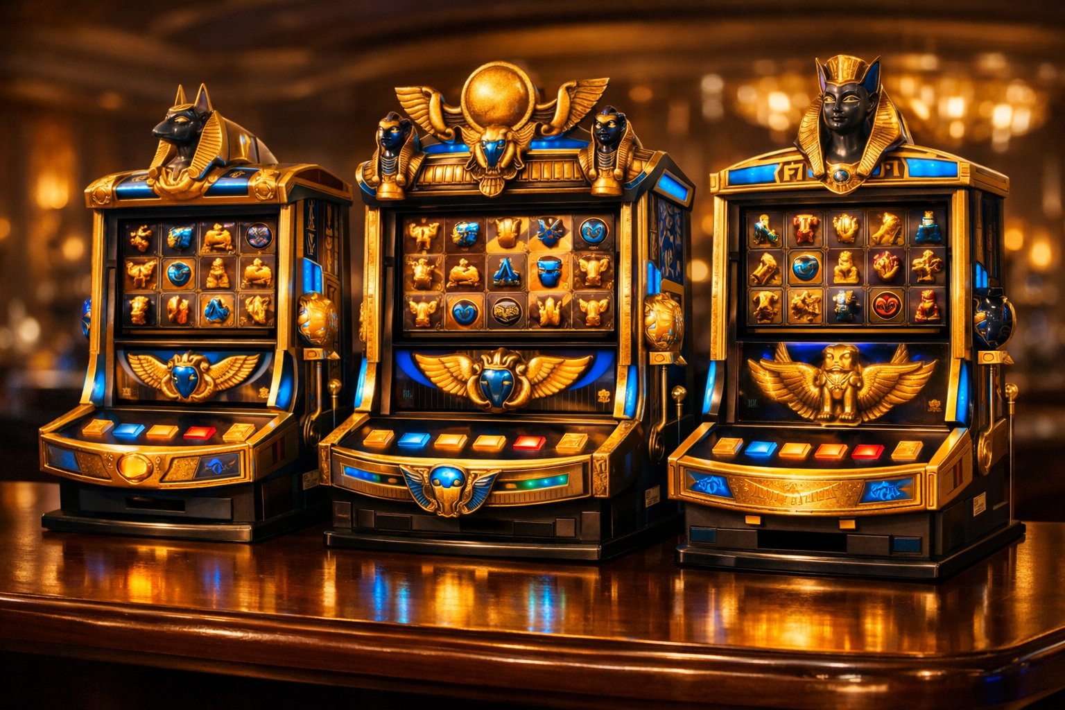 A Casino Table With Several EgyptianThemed Slot Machines Arranged Side By Side, Featuring Golden Statues And Glowing Blue Accents.