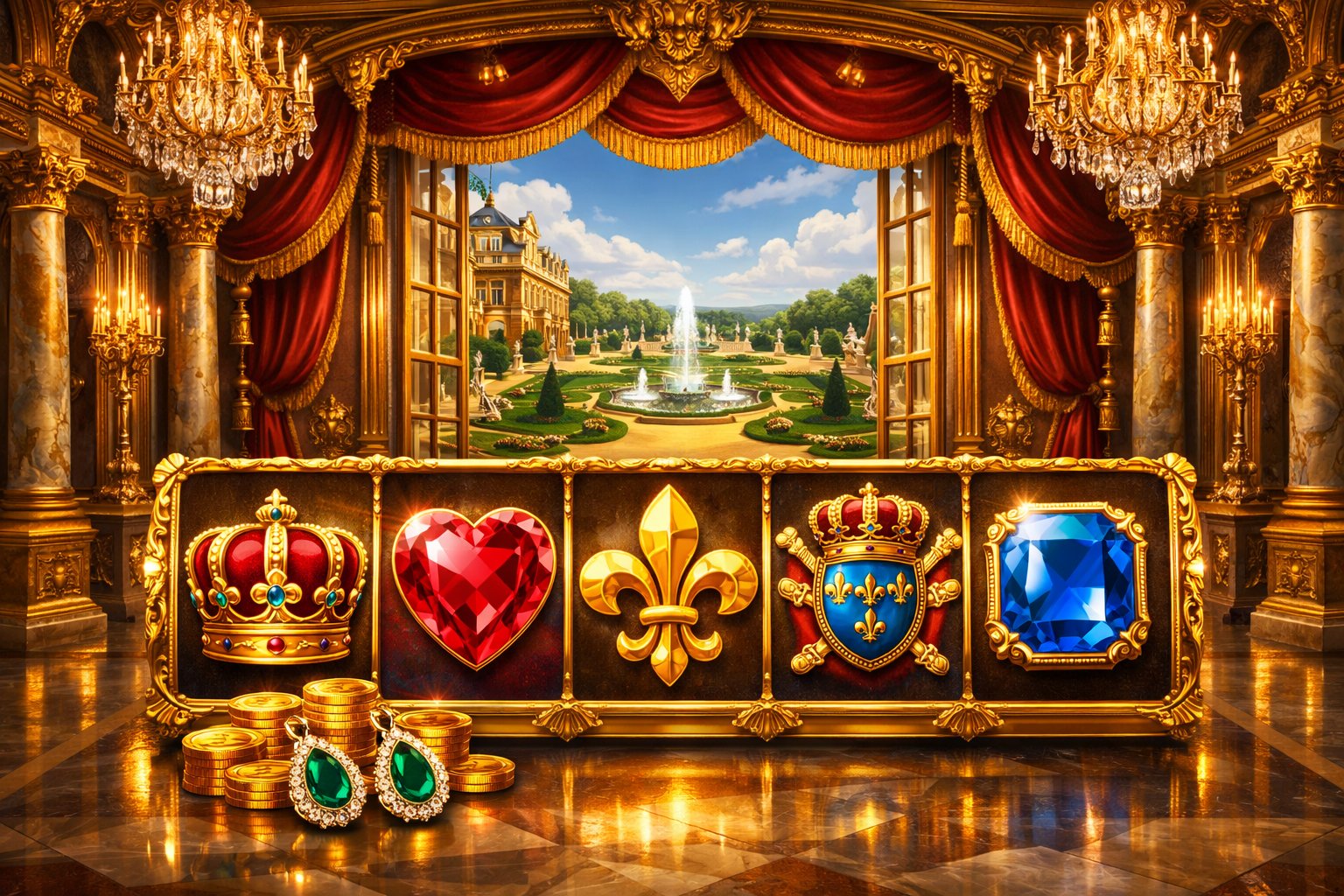 A Grand Golden Palace With Ornate Decorations And Slot Machine Reels Showing Royal Symbols In Front, Surrounded By Manicured Gardens And Fountains.