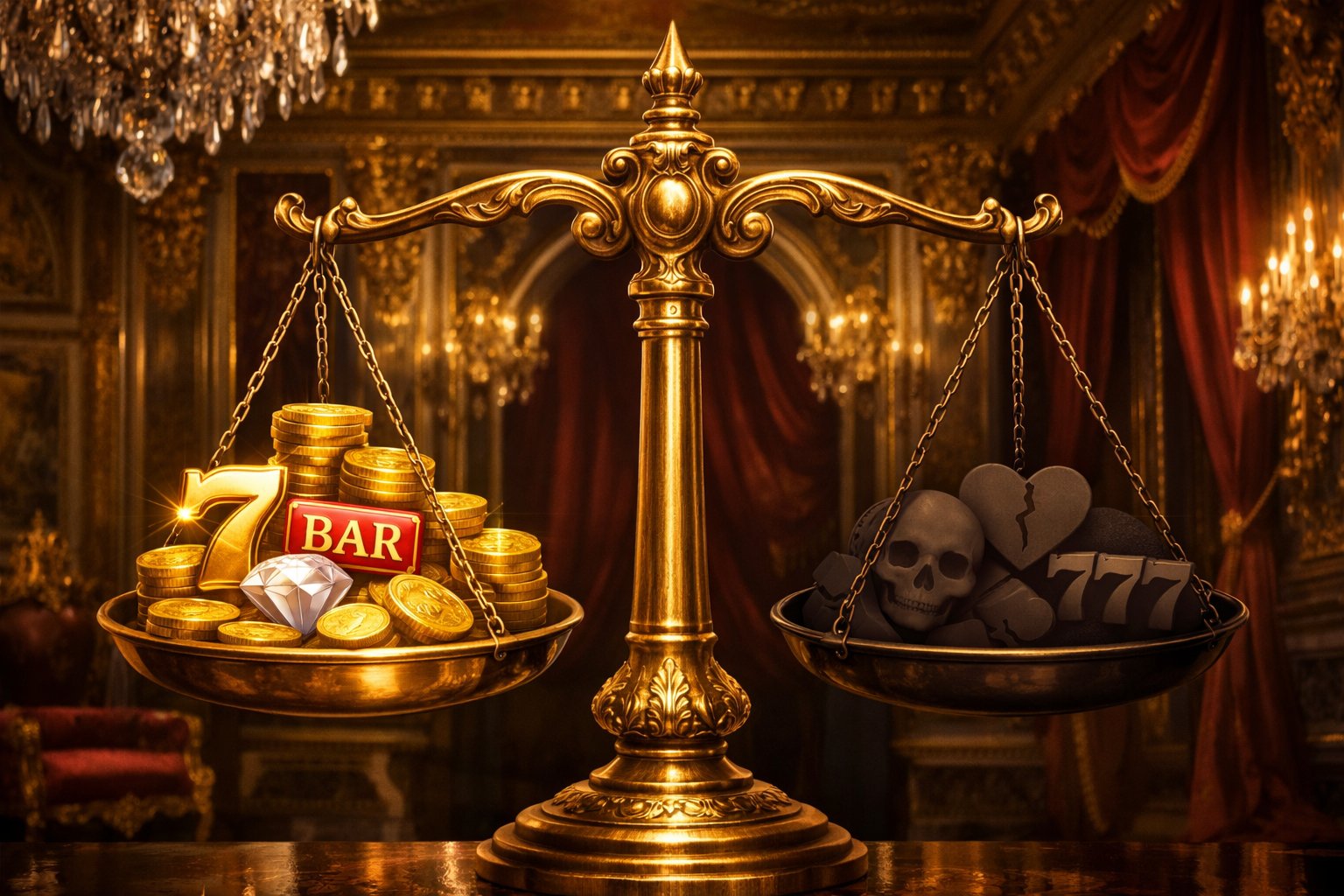 A Balanced Scale With Golden Slot Symbols On One Side And Muted Slot Icons On The Other, Set In A Luxurious Palace Interior With Ornate Gold Decorations.