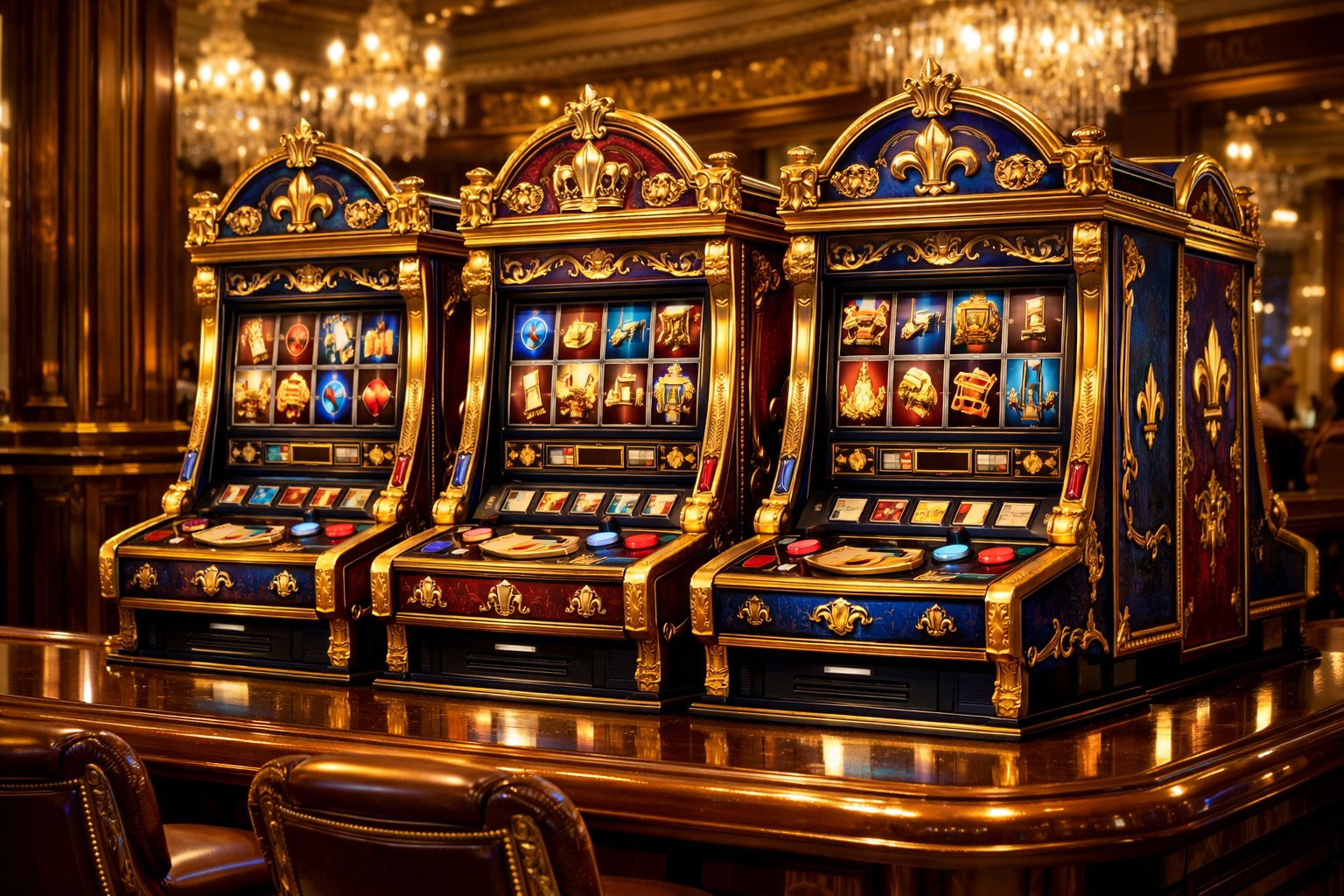 A Casino Table With Several Ornate Slot Machines Featuring Gold And Royal Decorations In An Elegant Casino Setting.
