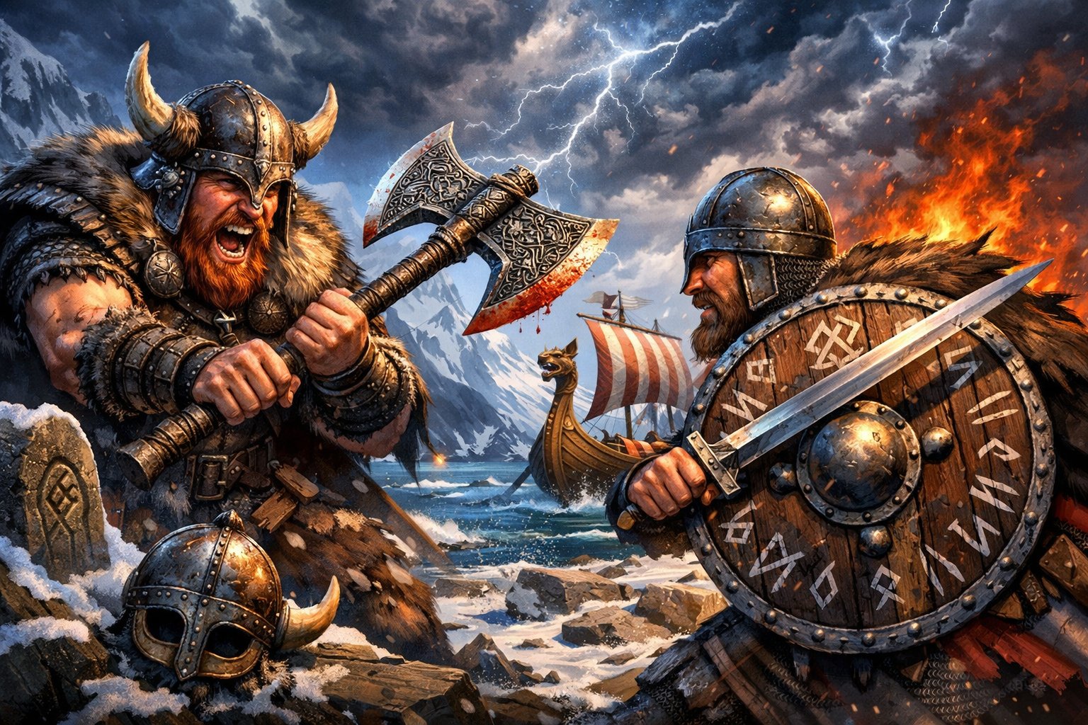 Two Viking Warriors Fighting On A Snowy Battlefield With A Longship And Mountains In The Background.